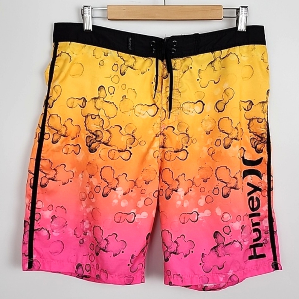 Hurley Men's Swim Board Shorts Pink Yellow Splatter Grain Waist Tie Size 33